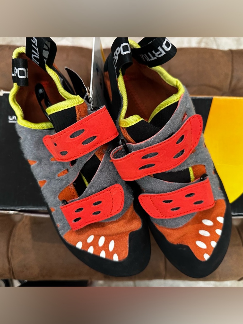 La Sportiva Women’s Orange and Gray Rock Climbing shoes with Black Sole